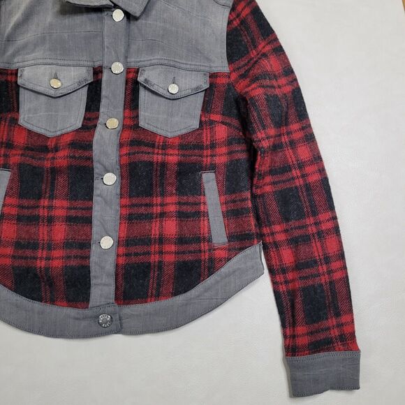 William Rast Motocross Flannel Denim Jacket Womens Red Black Plaid Cowgirl Med - Picture 4 of 13